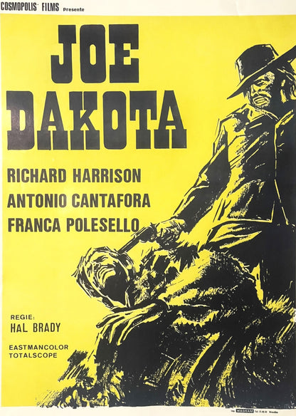 Vintage movie poster with bright yellow background featuring bold black text "JOE DAKOTA" and illustrated cowboy figure holdi