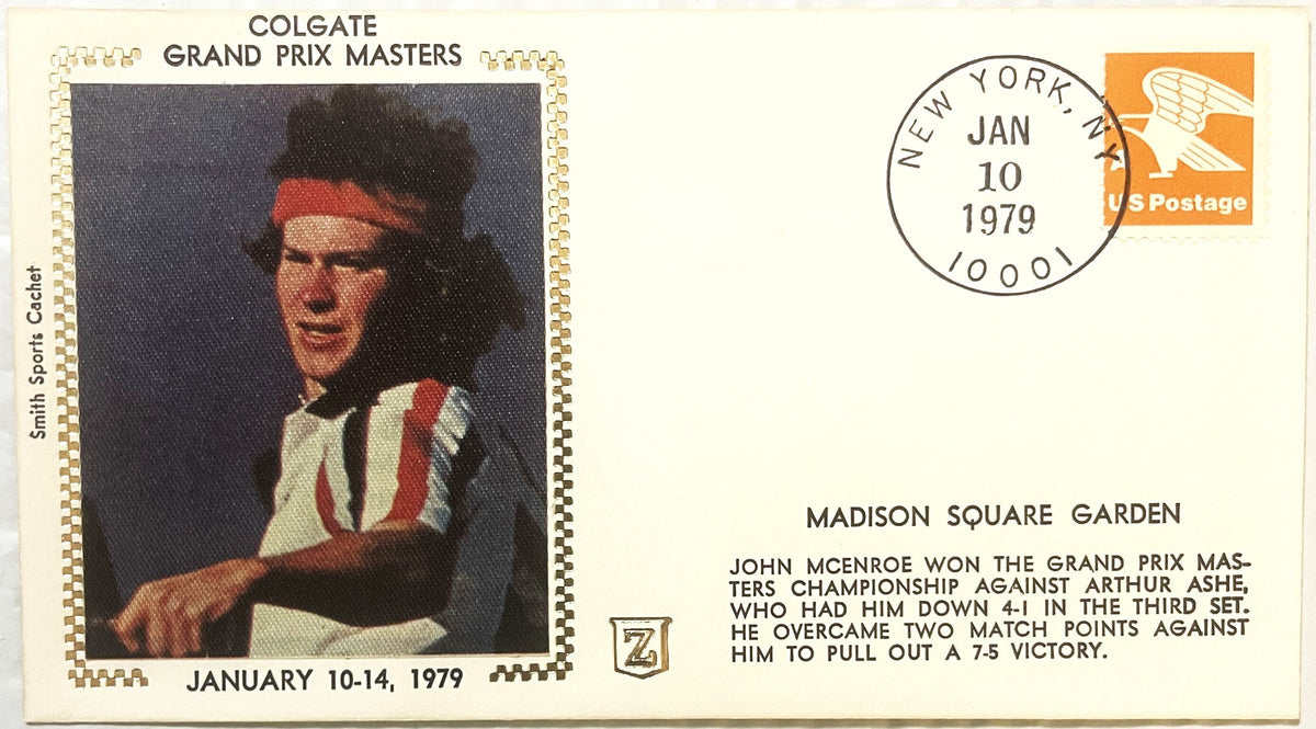 Vintage 1979 commemorative envelope featuring John McEnroe in red headband and striped shirt, postmarked January 10, 1979, wi