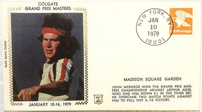 Vintage 1979 commemorative envelope featuring John McEnroe in red headband and striped shirt, postmarked January 10, 1979, wi