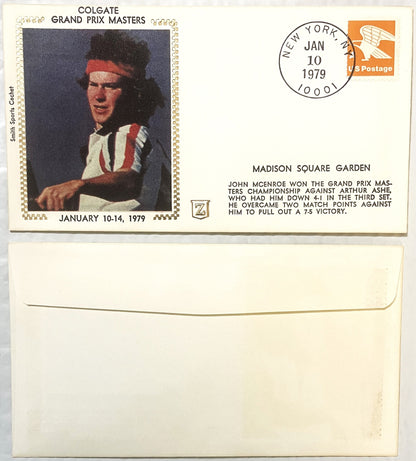 Vintage 1979 Colgate Grand Prix Masters envelope featuring John McEnroe photo, postmarked January 10, 1979, New York, with te
