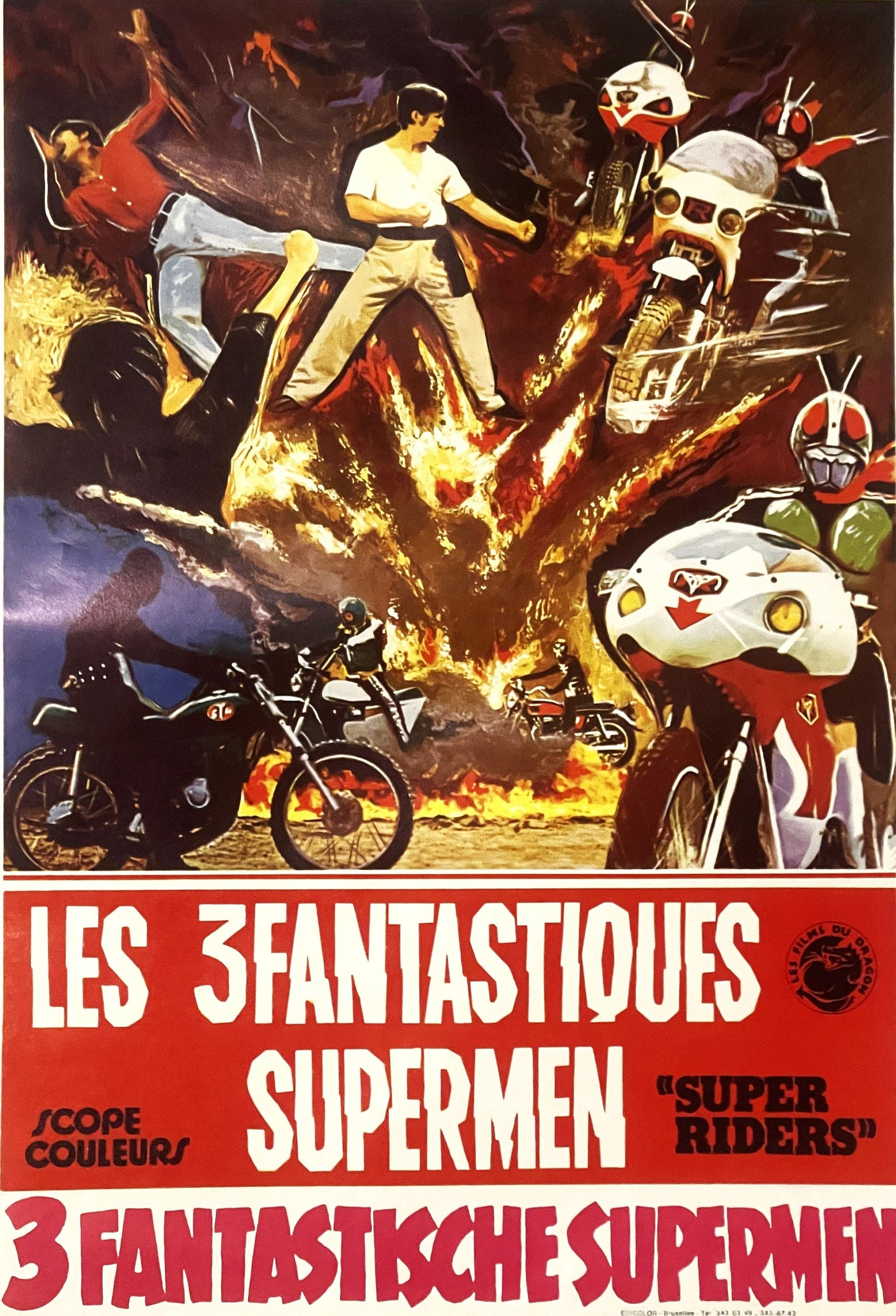 Vintage Belgian movie poster featuring robots, motorcycles, and a shirtless man amid flames, with red and white text reading 