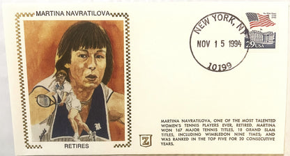 1994 first-day cover envelope featuring portrait of tennis player Martina Navratilova with racket, postmarked New York Novemb