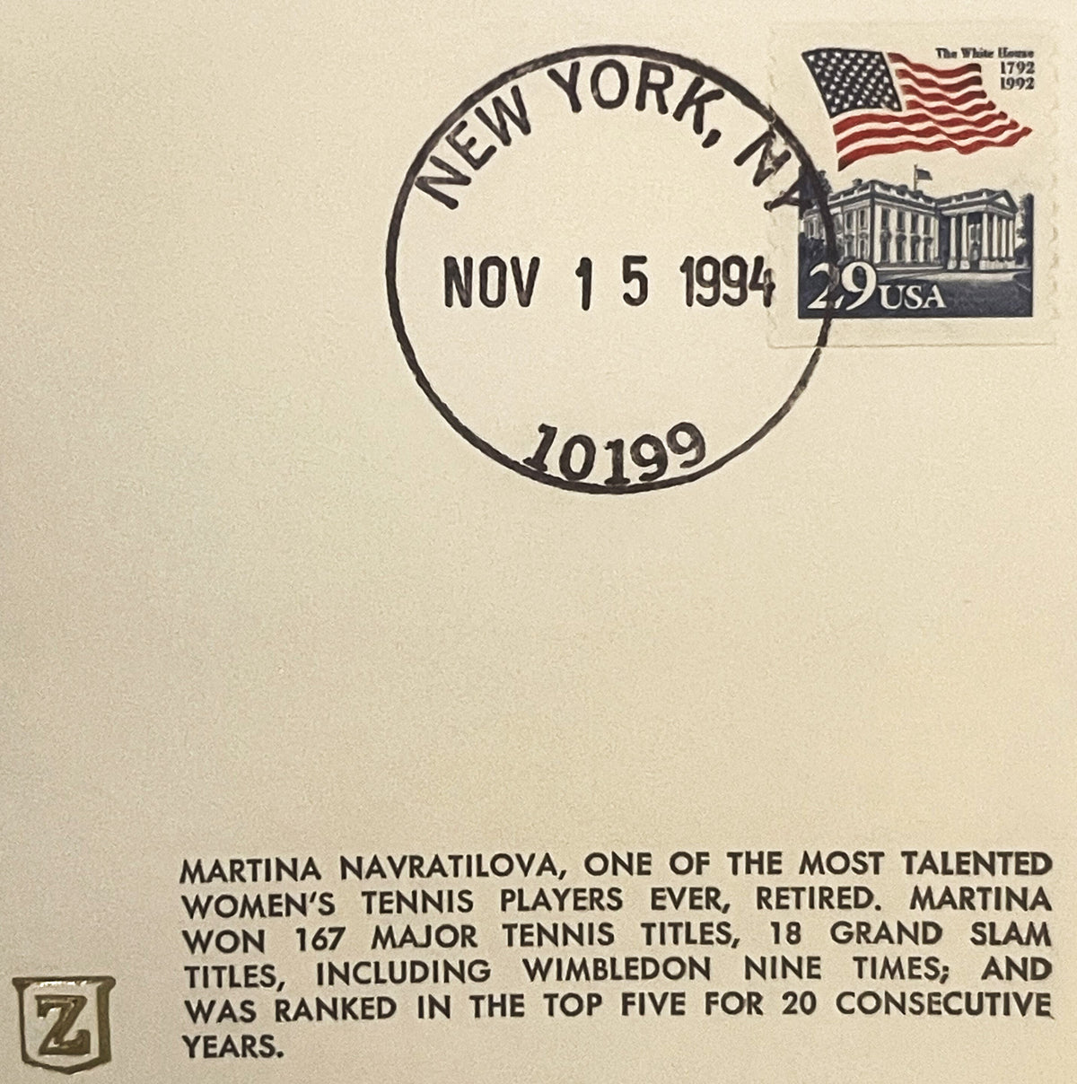 Cream-colored envelope with November 15, 1994 postmark from New York, 29-cent White House stamp, and text commemorating Marti