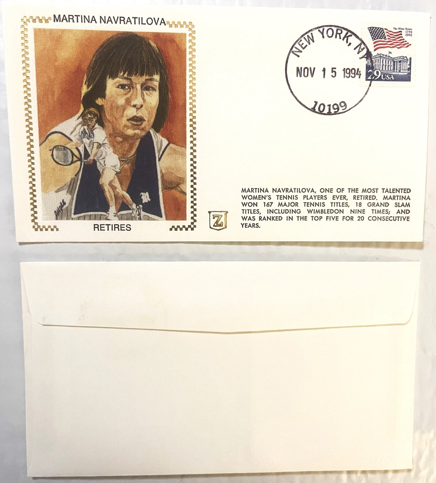 1994 stamped envelope featuring portrait of Martina Navratilova with "RETIRES" text, postmarked New York November 15, with de