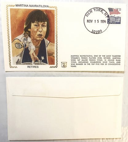 1994 stamped envelope featuring portrait of Martina Navratilova with "RETIRES" text, postmarked New York November 15, with de
