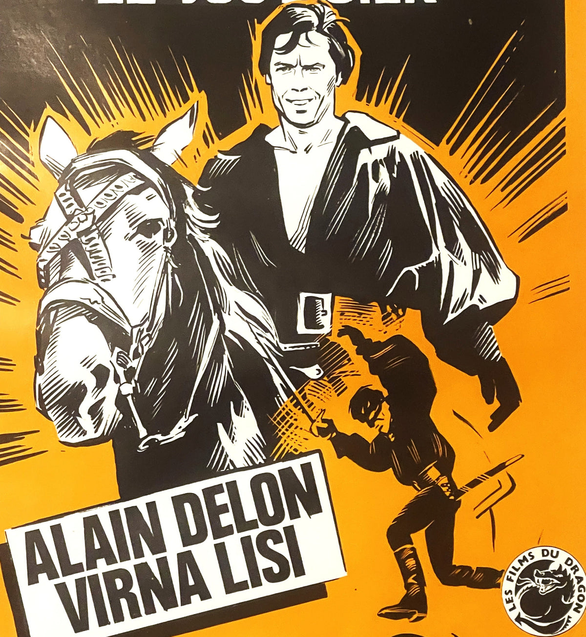 Vintage movie poster with bold yellow background featuring illustrated man in black outfit with horse, smaller figure below, 