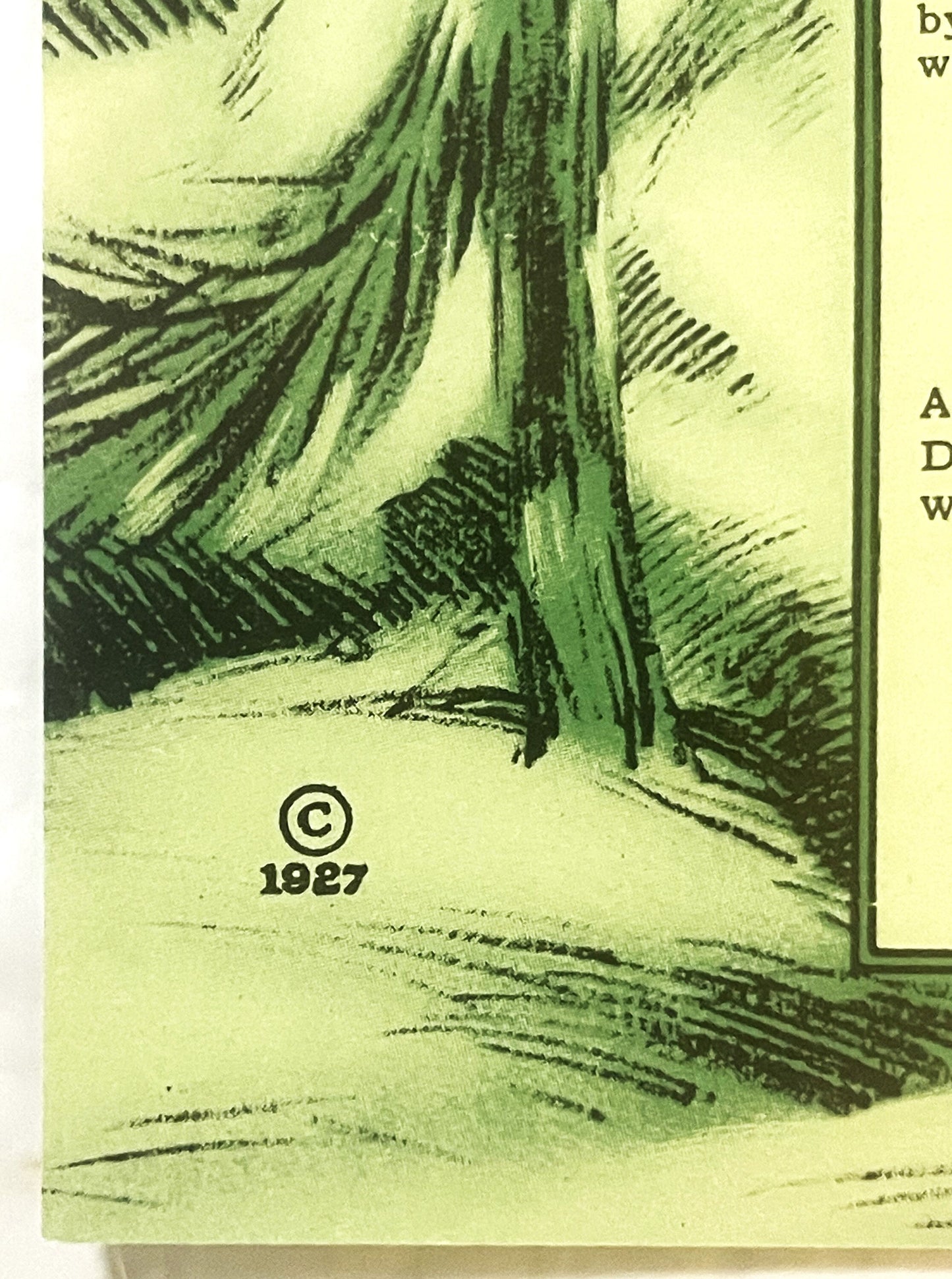 Close-up of 1927 copyright mark and green-tinted vintage illustration showing a forest path with tall trees and natural scene