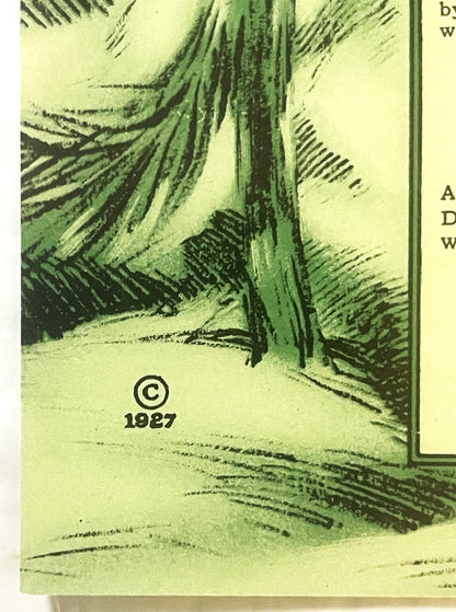 Close-up of 1927 copyright mark and green-tinted vintage illustration showing a forest path with tall trees and natural scene