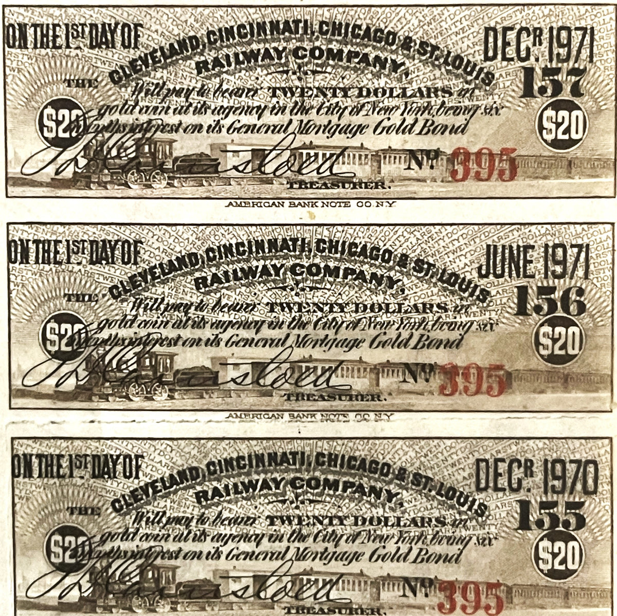 Three vintage railroad bond certificates from 1970-1971 displaying "$20" denominations, ornate typography, locomotive imagery