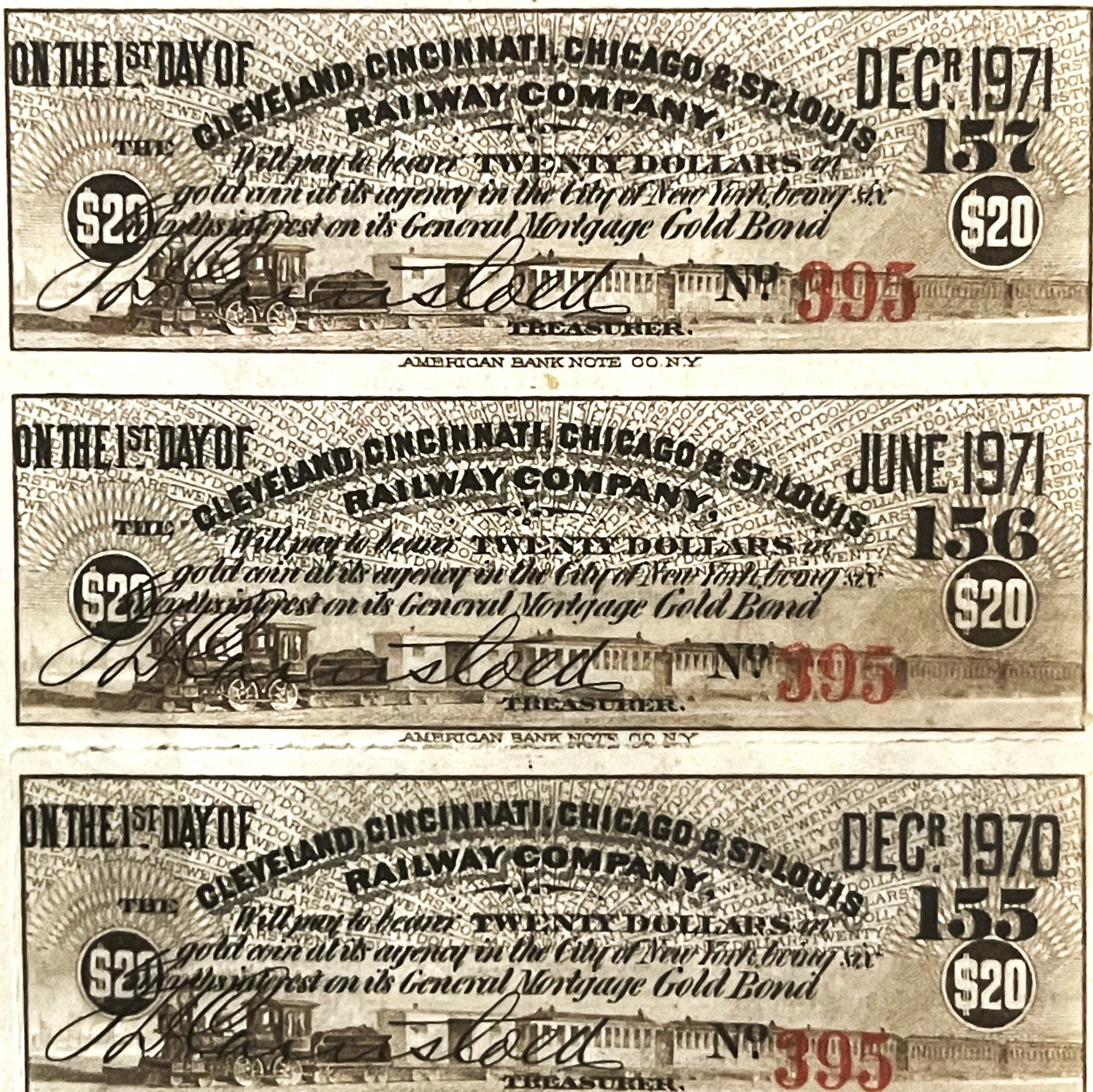 Three vintage railroad bond certificates from 1970-1971 displaying "$20" denominations, ornate typography, locomotive imagery