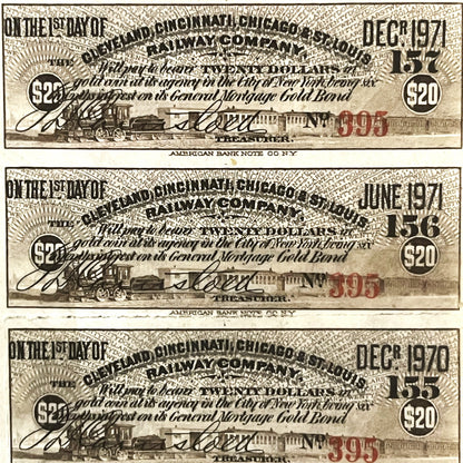 Three vintage railroad bond certificates from 1970-1971 displaying "$20" denominations, ornate typography, locomotive imagery