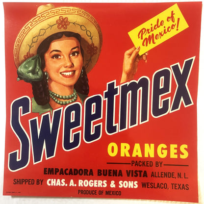 Vintage Sweetmex oranges crate label featuring a smiling woman in sombrero holding yellow "Pride of America" sign on red back