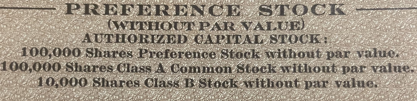 Close-up of embossed text on beige stock certificate showing authorized capital stock details for 100,000 preference shares a