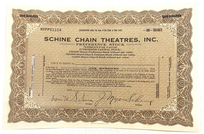 Vintage stock certificate for Schine Chain Theatres, Inc. preference shares from 1920s, tan and brown ornate border with prin