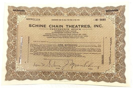 Antique Schine Chain Theatres Stock 🎥 1920s Silent Film Era Certificate