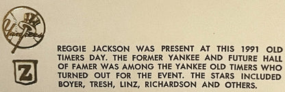 Vintage envelope with Yankees logo and text describing Reggie Jackson's presence at 1991 Old Timers Day event, featuring name