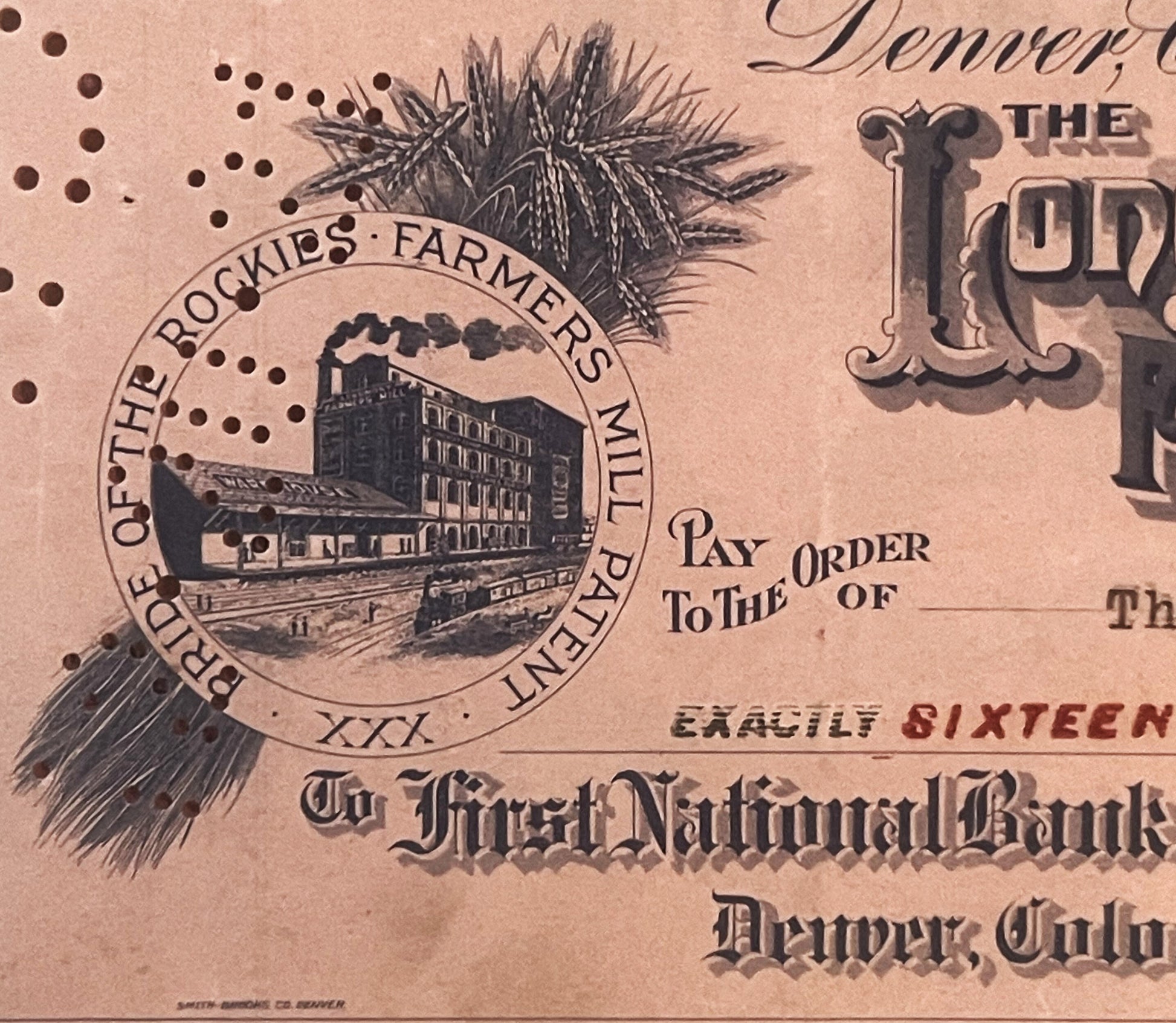 Vintage voucher check with circular seal showing mill building, "Longmont Farmers Milling" text, and First National Bank Denv