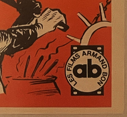 Close-up of vintage movie poster corner showing red background, stylized black and white figure, flames, and circular "Les Fi