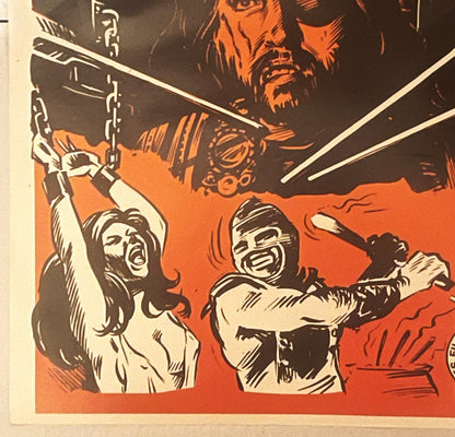 Vintage movie poster detail in orange and cream showing illustrated figures with chains and a menacing face above, woodcut-st