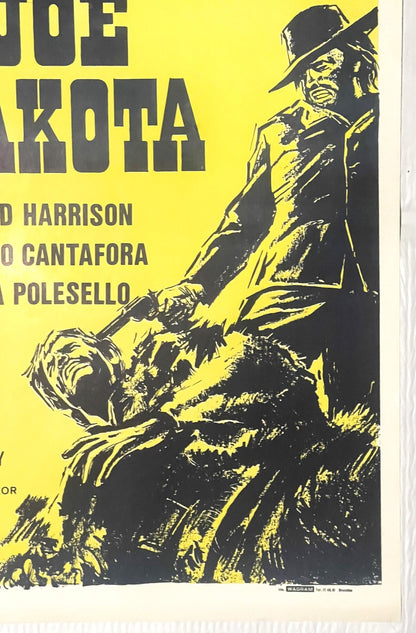 Yellow and black vintage movie poster featuring a cowboy with rifle and hat, text includes "Joe Dakota" and actor names Harri