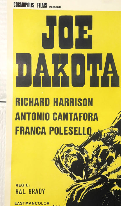 Yellow Belgian movie poster for "Joe Dakota" featuring bold black typography, actor names, director credit, and illustration 
