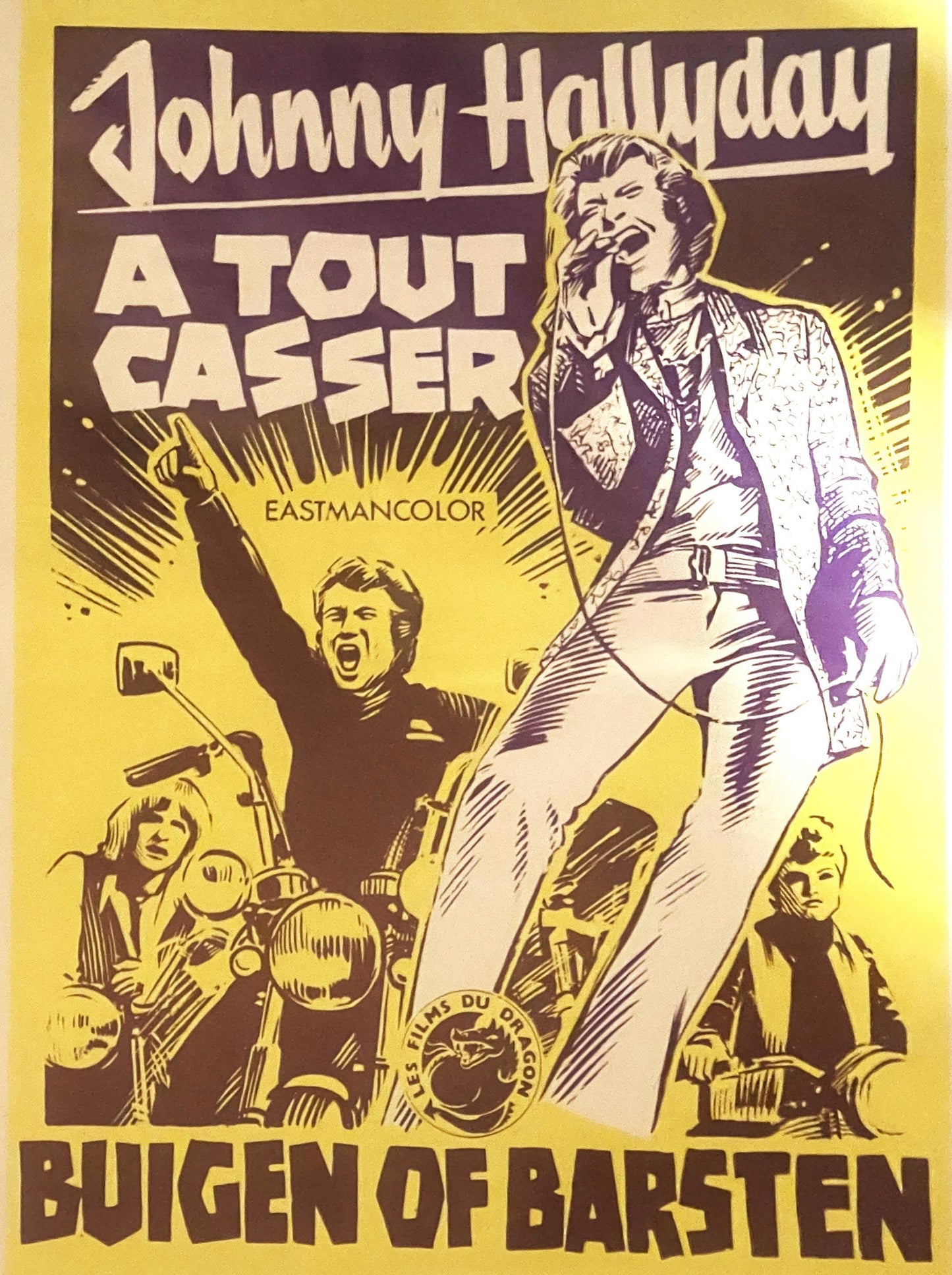 Vintage yellow and brown movie poster featuring Johnny Hallyday in white suit with smiling bearded man, motorcycles, and text