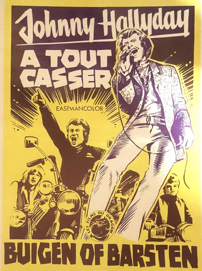 Vintage yellow and brown movie poster featuring Johnny Hallyday in white suit with smiling bearded man, motorcycles, and text