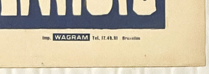Close-up of poster corner showing cream background with dark blue banner containing "Imp. WAGRAM Tel. 17.48.81 Bruxelles"