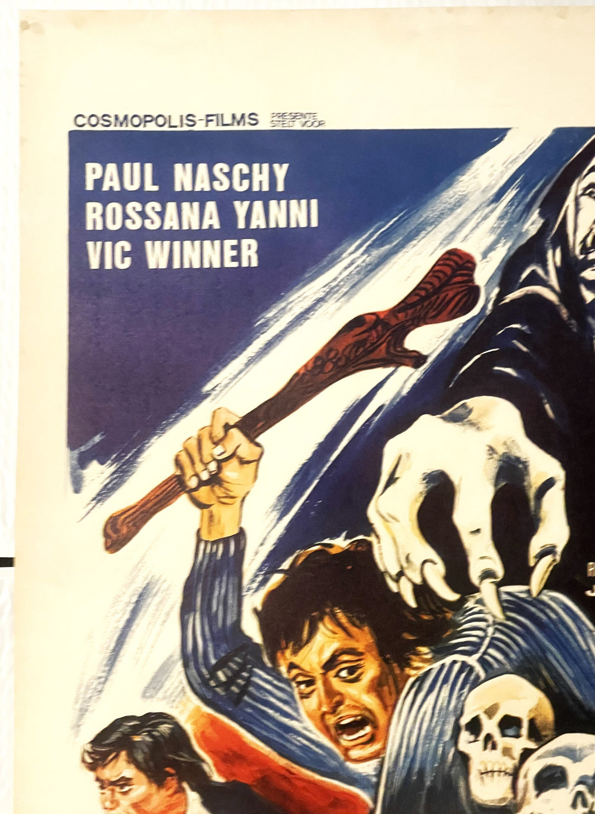 Vintage Belgian movie poster featuring stylized artwork of horror characters, actors' names in white text, skeletal imagery, 