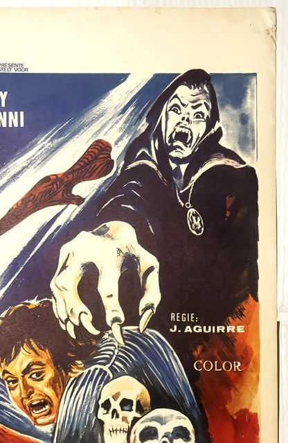 Vintage horror movie poster featuring a vampire character with fangs and cape, skulls, and dramatic blue and red coloring