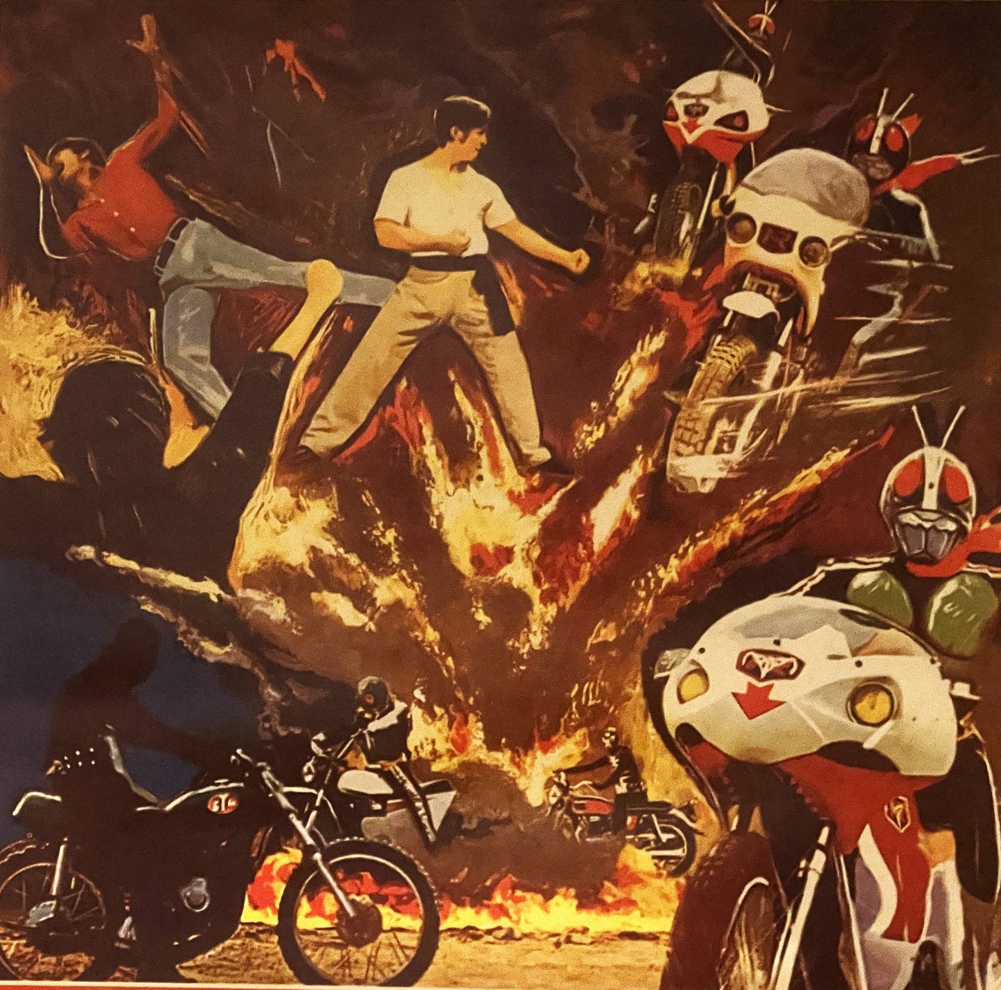 Vintage movie poster featuring a shirtless man in fighting stance surrounded by masked alien robots, motorcycles, and flames 