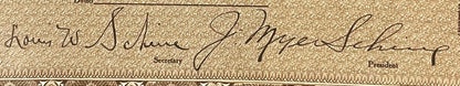 Close-up of handwritten signatures on aged beige document with "Secretary" and "President" printed labels visible