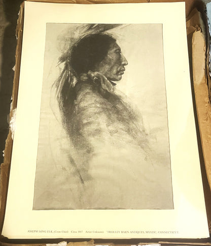 Sepia-toned charcoal portrait print of Joseph Long Elk (Crow Chief) from circa 1917, mounted on cream mat board with printed 