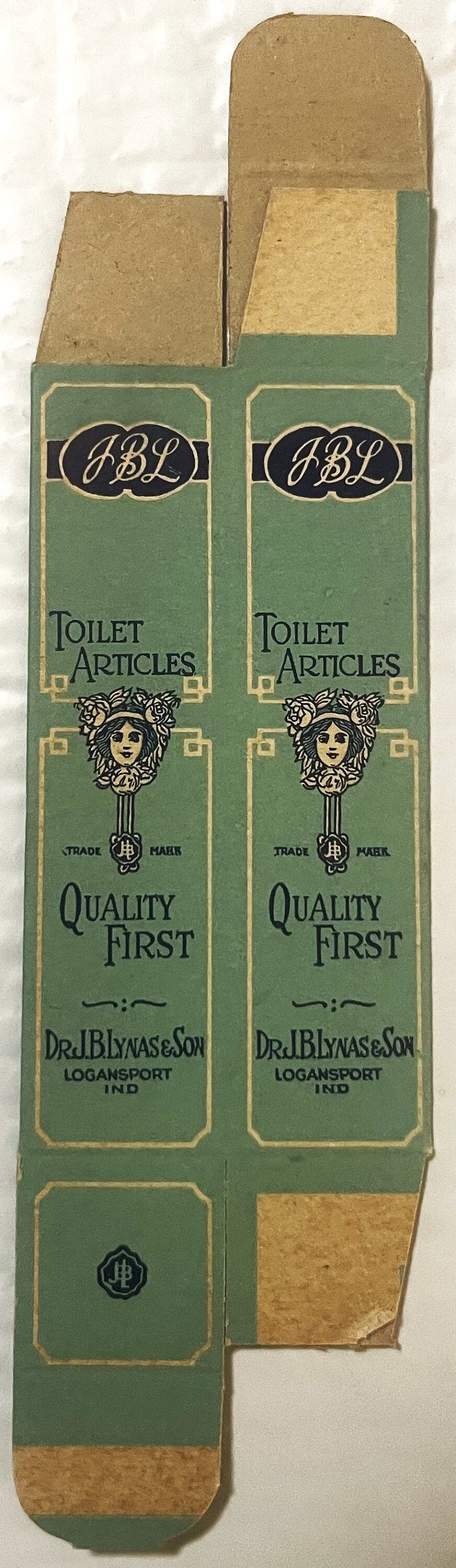 Antique green cardboard box for JBL toilet articles by Dr. J.B. Lynas & Son, Logansport Indiana, with decorative art deco sty
