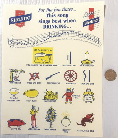 Vintage Sterling Beer song sheet with German lyrics, musical staff, illustrated icons, and beer logos, displayed flat with a 
