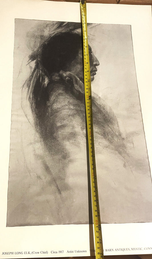 Vintage Joseph Long Elk Charcoal Portrait Print 🎨 Large 1960s Crow Chief on Heavy Linen, Cataloged N.C. Wyeth at Auction