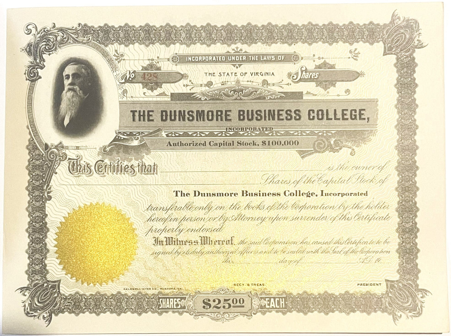 Ornate stock certificate from Dunsmore Business College, Virginia, featuring bearded man portrait, gold seal, and $25 share v