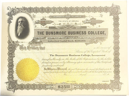 Ornate stock certificate from Dunsmore Business College, Virginia, featuring bearded man portrait, gold seal, and $25 share v