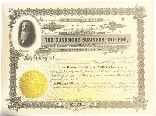 Antique Dunsmore Business College Stock Certificate from 1900s
