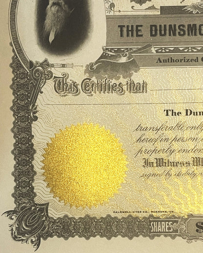 Antique stock certificate with ornate border, bearded man portrait, and large gold leaf circle covering center text, printed 