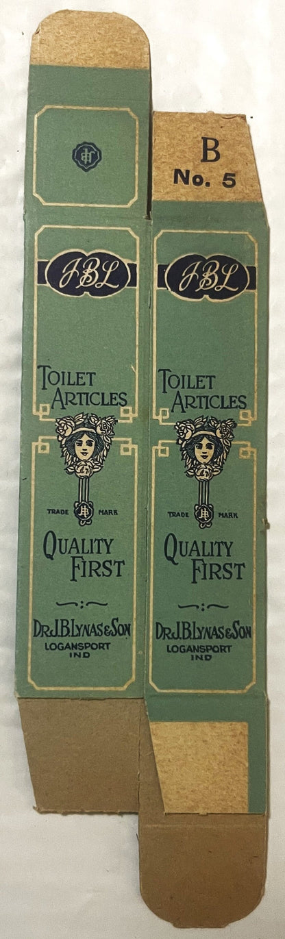 Vintage green and tan cardboard box for JBL Toilet Articles by Dr. J.B. Lynas & Son of Logansport, Indiana, showing "No. 5" a
