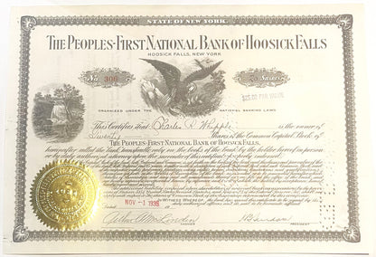 Vintage stock certificate for Peoples-First National Bank of Hoosick Falls NY, No. 306, with eagle vignette and gold seal, da