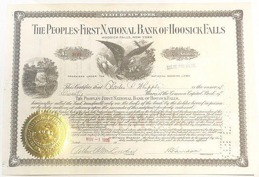 Antique 1930s Peoples-First National Bank Stock Certificate 🦅 Hoosick Falls NY