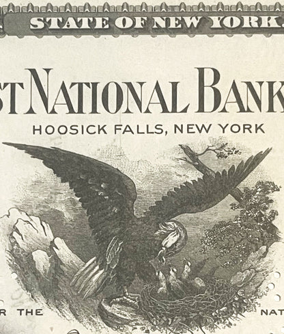 Antique bank stock certificate header showing "State of New York" and "First National Bank, Hoosick Falls, New York" with eng
