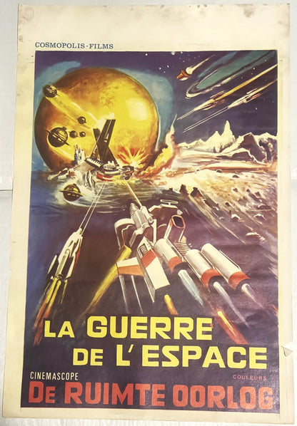 Vintage Belgian sci-fi movie poster featuring spacecraft, explosions, and a glowing planet against a starry backdrop with yel