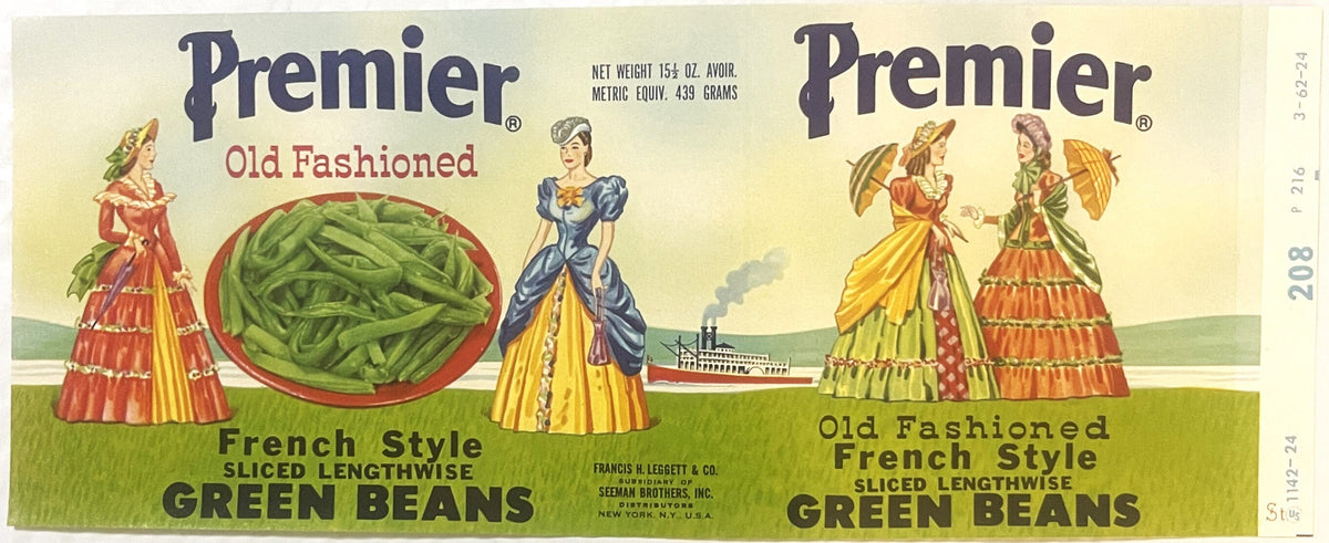 Vintage Premier brand green beans can label featuring Victorian ladies in period dress with steamboat, text reads "Old Fashio