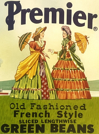 Vintage Premier green beans can label featuring two Victorian ladies in colorful dresses with parasols against cream and gree