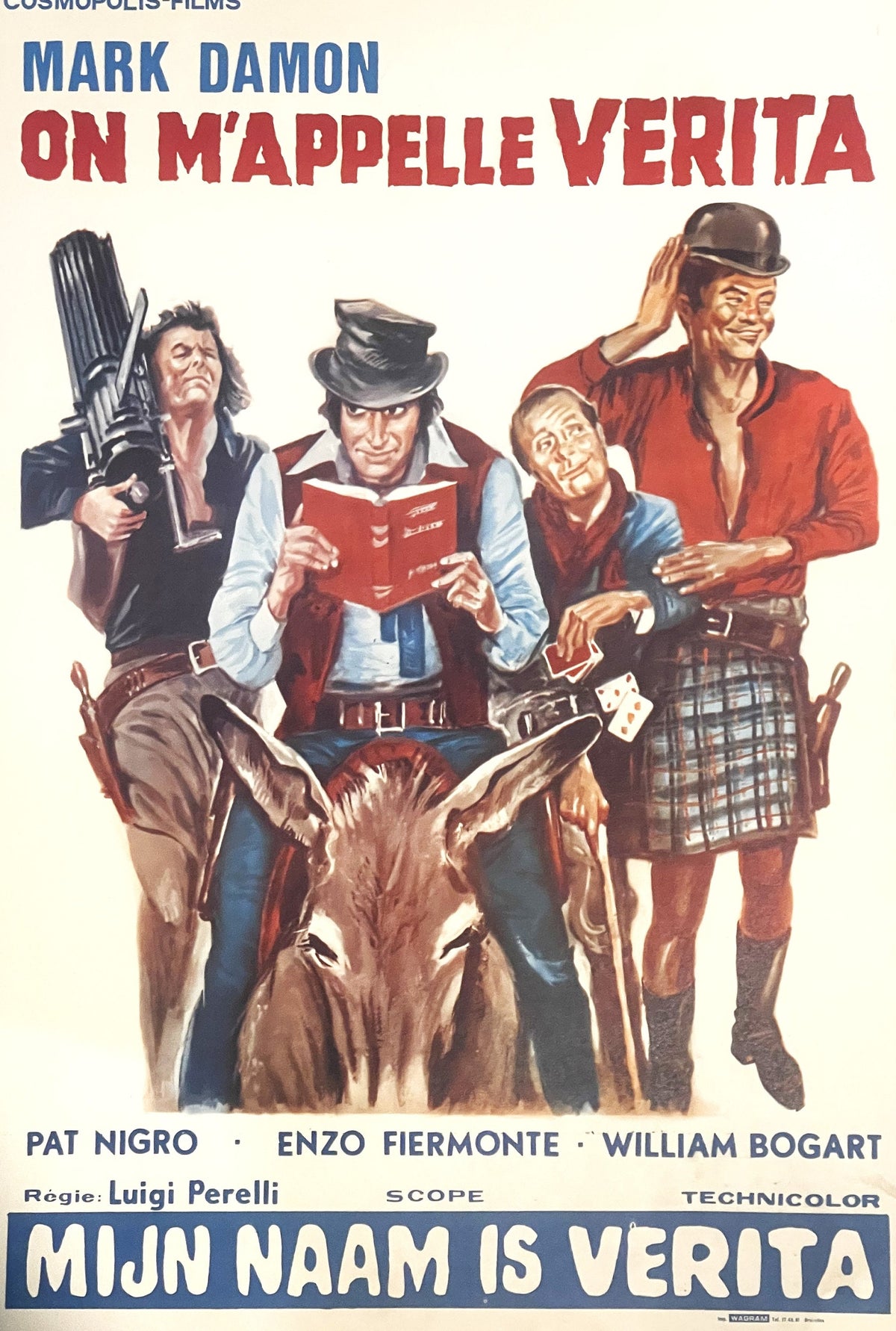 Vintage Belgian movie poster featuring four illustrated men and a donkey, with red and blue