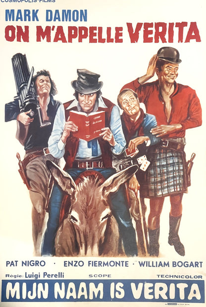 Vintage Belgian movie poster featuring four illustrated men and a donkey, with red and blue