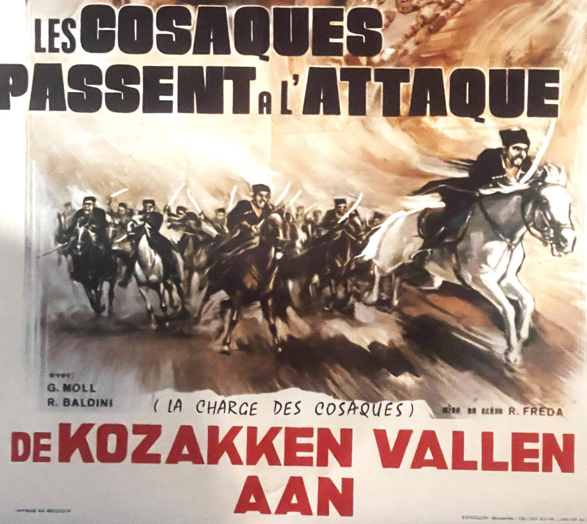Vintage movie poster showing mounted Cossack warriors in action, with French and Dutch text, artwork by G. Moll and R. Baldin